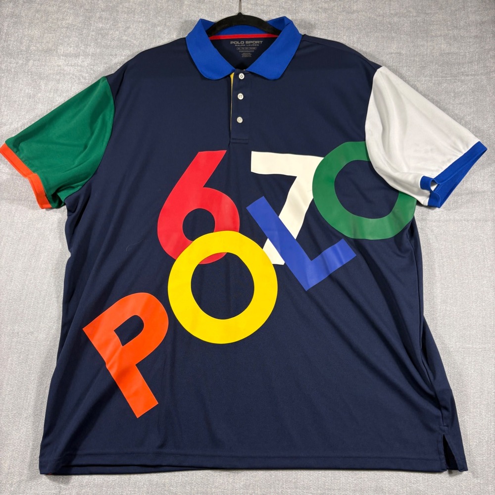 Polo Sport Ralph Lauren Mens XXL Performance Polo Shirt Navy Colorblock 67 Logo